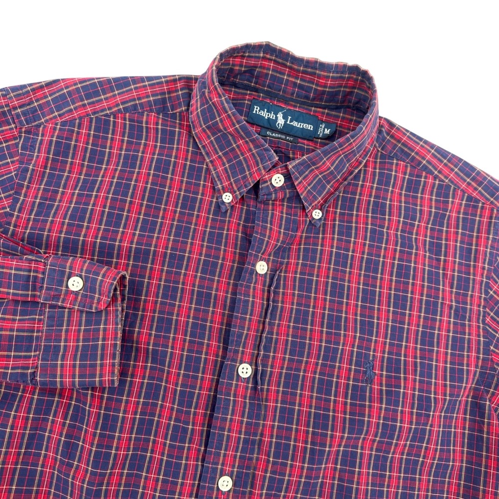 Ralph Lauren Mens Medium‎ Classic Fit Plaid Button Down Shirt Navy Red
